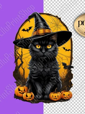 Black Fluffy Cat and Pumpkins clipart Spooky season png Halloween cat png digital instant download $2.71