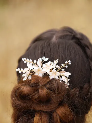 Floral Opal Crystal Bridal Hair Comb Earrings Jewelry Set, Wedding hair accessory, Ceramic Flowers Hair Comb, Gold Bridal Hair accessories $111.00