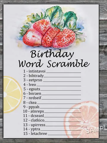 Strawberry Birthday Word Scramble Game,Adult Birthday party game-fun games for her-Instant download