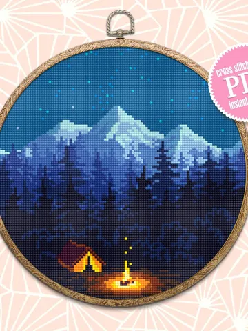 Nature cross stitch pattern download PDF Mountain landscape cross stitch Camping tent xstitch chart Night nature PDF Travel home decor #L43 $4.60