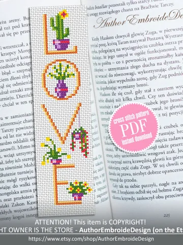Plant bookmark cross stitch pattern PDF download House plants cross stitch chart, Floral bookmark pattern digital PDF, Book lover gift #B338 $4.40