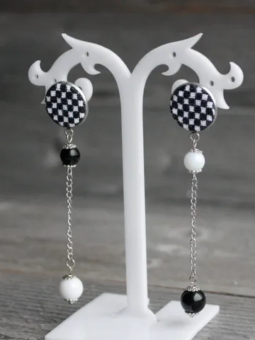 Racing mismatched checkered stud earrings with dangle or without Black white agate checkerboard earrings with long chain Fancy chess jewelry $33.00