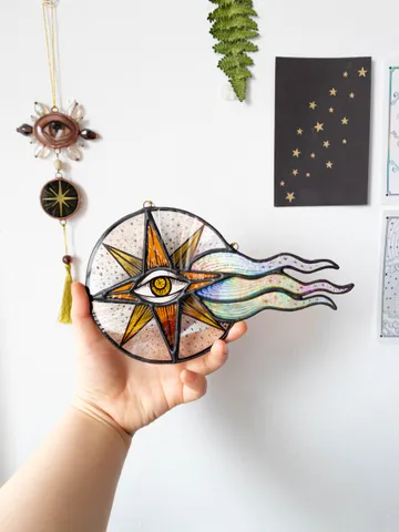 Stained glass ornament, Celestial home decor, Star Art $108.00