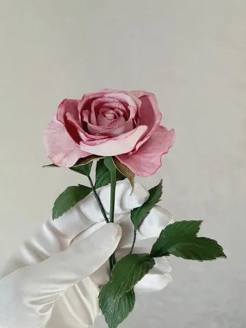 Pink leather rose long stem 3th anniversary gift for her, Leather flower living room decor $90.00