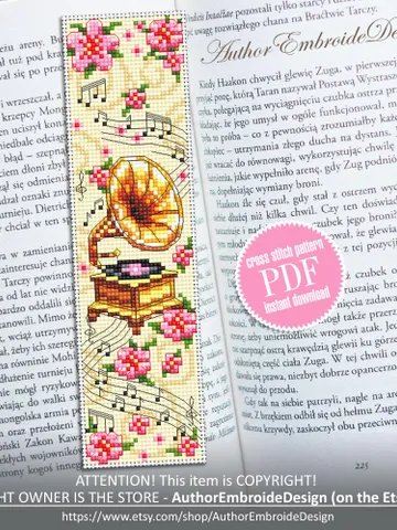 Music bookmark cross stitch pattern PDF instant download Vintage gramophone cross stitch chart, Flower bookmark pattern digital PDF #B411 $4.40