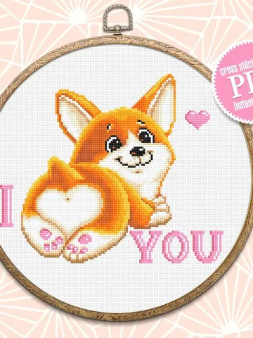 Cute corgi cross stitch pattern download PDF, Dog cross stitch, I love you, Funny pet cross stitch, Dog lover gift, Corgi embroidery #K13 $4.40