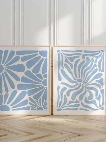 Soft Blue Wall Art Set of 2 Prints, Boho Flower Print, Blue Abstract Minimalist Organic, Blue Floral Wall Art, Wild Flower, Printable Art $3.13