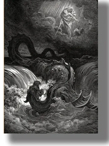 The destruction of Leviathan. God kills sea monster. $22.00