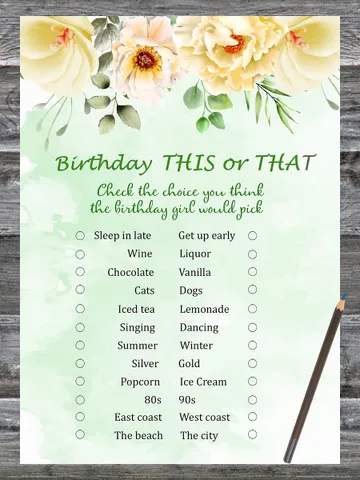 Floral Birthday This or that game,Adult Birthday party game-fun games for her-Instant download $1.75
