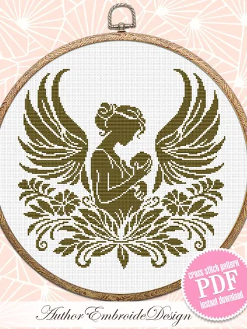 Mother angel cross stitch pattern PDF download Mother baby silhouette cross stitch chart, Monochrome pattern digital, Mothers day gift #O19 $4.40