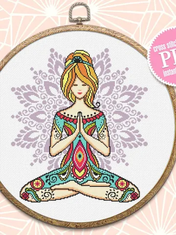 Yoga girl with mandala cross stitch pattern download PDF Yoga cross stitch chart, Chakra meditation cross stitch, Yoga art, Home decor #M187 $4.80