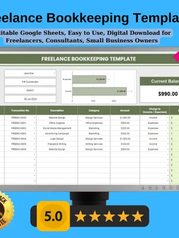 Freelance Bookkeeping Template, Editable Google Sheets, Easy to Use, Digital Download for Freelancers, Consultants, Small Business Owners $5.46