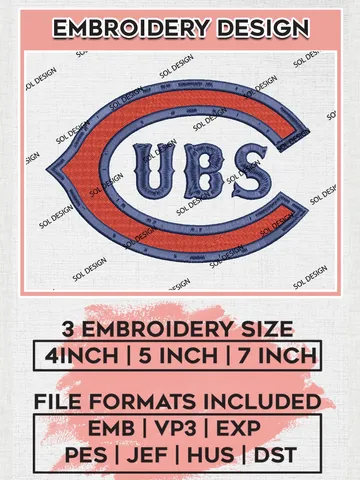 Chicago Cubs UBS Word Logo Embroidery Design Files, MLB Chicago Cubs Team Embroidery, MLB Teams, 3 sizes, MLB Machine embroidery designs, Digital Download $6.99