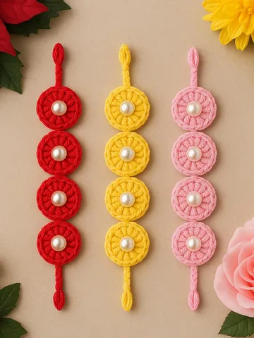 Crochet Flower Bracelet & Hair Tie, Round Boho Style Pearl Beaded Wristband, Handmade Crochet Fashion Jewelry Gift $2.96