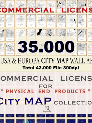 35000 CITY Map Commercial License for Only Physical Product, Map Wall Art, Commercial License Bundle, Physical Product Commercial License