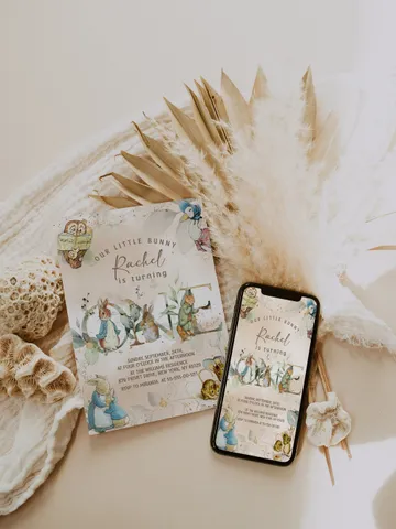 DIY Classic Peter Rabbit First Birthday Invitation; Peter Rabbit neutral birthday any age editable template; tale of peter rabbit pr6 $12.78