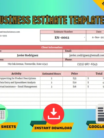 Business Estimate Template, Google Sheets Quote Form, Digital Download, Easy-to-Use Cost Estimate for Small Business Owners $5.46
