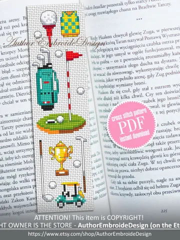 Golf bookmark cross stitch pattern PDF instant download Sport mini cross stitch chart, Modern bookmark pattern digital PDF, Golf gifts #B311 $4.40