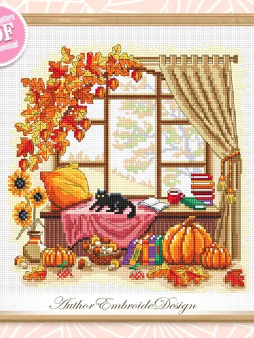 Autumn window cross stitch pattern PDF download Fall cross stitch chart, Autumn pattern digital PDF, Fall leaves embroidery, Home decor #L89 $4.90