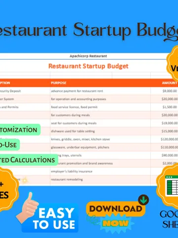 Restaurant Startup Budget Template, Editable Google Sheets Digital Download, Restaurant Expense Tracker, Business Planning Spreadsheet $8.26