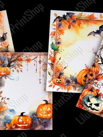 Fall journal papers Halloween invitation card background 8.5" x 11" Pumpkin Watercolor October Junk Journal pages digital Instant download