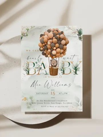 Teddy Bear Hot Air Balloon Baby Shower; We can bearly wait; Editable Teddy Bear Ballons Baby Shower; Neutral Gender Baby Shower Invitation $11.62