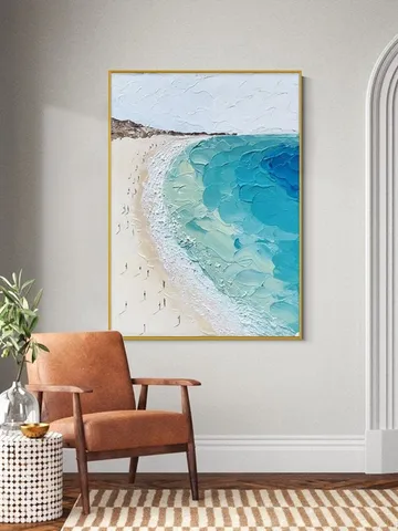Abstract Beach Canvas Painting,Large Original Sunshine Ocean Coast Seascape Oil Painting Wall Art, Modern Blue Beige Living Room Wall Decor $166.78
