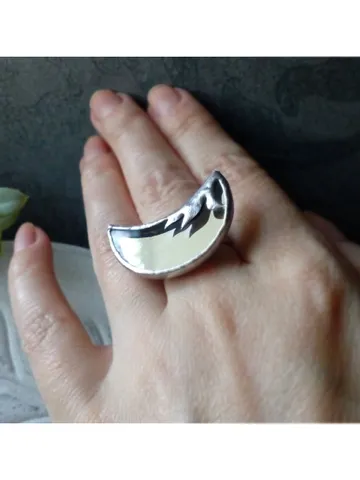 Mirror crescent ring, moon ring, stained glass ring, protection ring, Halloween ring, witchy aesthetic, soldered ring $39.00