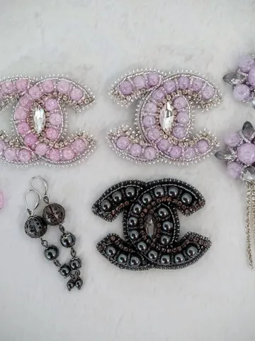 Handmade crystal brooch with earrings, CC brooch $85.00