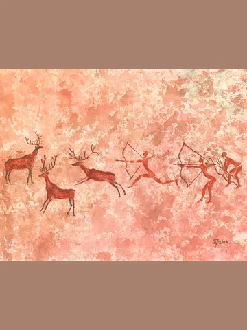 Deer hunting wall art | Original Pastel and Watercolor Artwork Ancient Cave Painting Style | Hunters Prehistoric art | Handmade Artwork | Archers stylization of rock art | Drawings of a prehistoric man $90.00