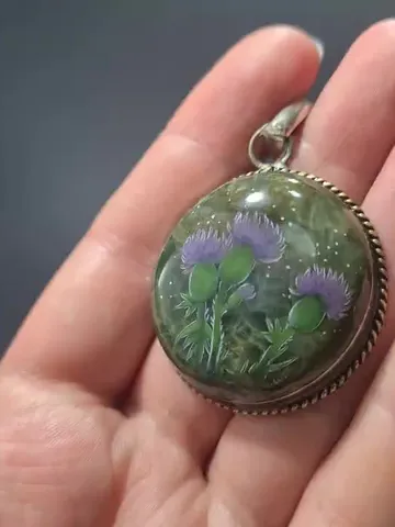 Thistle pendant Oil painting on moss agate. A flower on miniature Stone painting $59.00