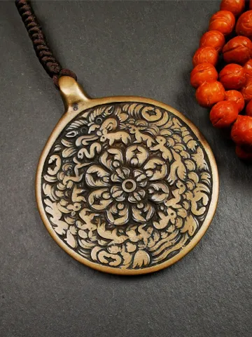 Gandhanra Vintage Tibetan Buddhist Calendar Badge,Melong Mirror, SIPAHO Amulet,Unique Mandala Flower Pattern,made of Lima Brass,2.16" $69.99