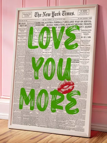 Love You More Newspaper Print, Trendy Wall Art, Retro Bedroom Poster, Chic Apartment Aesthetic, Printable Wall Art, Digital Prints Green