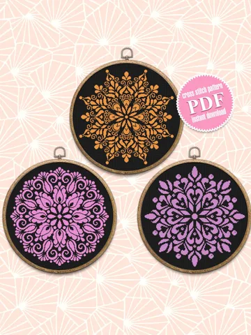 Mandala set cross stitch pattern PDF Monochrome mandala pattern Instant download PDF, Flower mandala cross stitch chart, DIY Home decor #S49 $11.20
