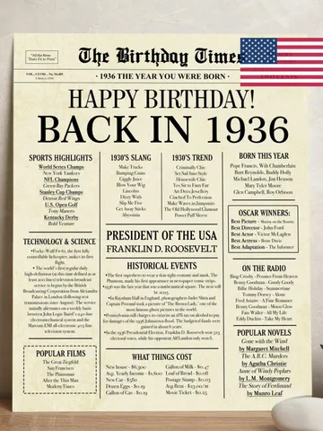 1936 poster, 89th birthday newspaper sign, 1936 birthday poster INSTANT DOWNLOAD, 89 years ago back in 1936, 89th birthday decorations $7.00