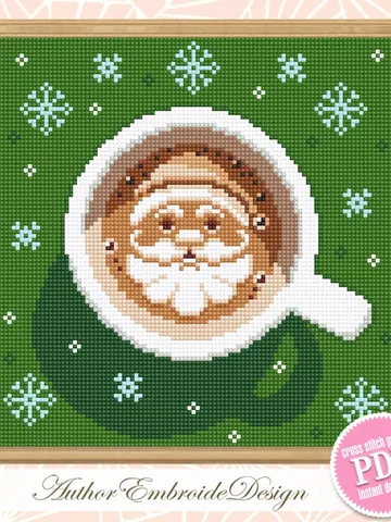 Christmas coffee cross stitch pattern PDF download Christmas cross stitch chart, Cup of latte cappuccino coffee with Santa pattern #N145 $4.40