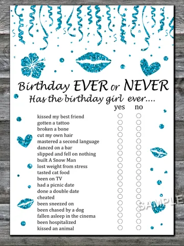 Blue glitter Birthday ever or never game,Adult Birthday party game-fun games for her-Instant download $1.75