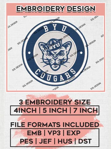 NCAA BYU Cougars Round Logo Embroidery, NCAA BYU Cougars Logo Embroidery files, NCAA Teams, Machine embroidery designs, Digital Download $6.99