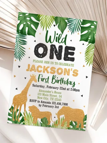 Safari Gold Birthday invitation, EDITABLE Jungle wild one Invitations, Boy 1st Birthday Invites Instant download Printable template $7.00