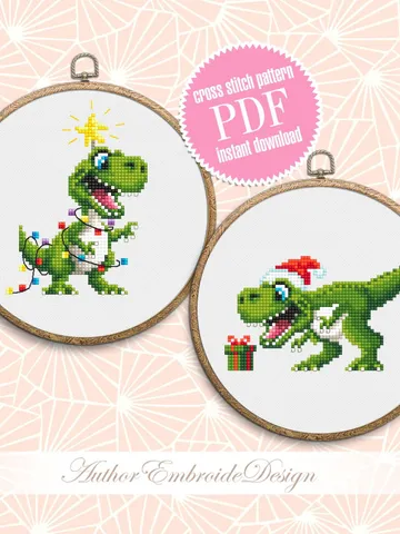 Funny dinosaur christmas cross stitch pattern PDF download, Set of 2 small dinosaur cross stitch chart, Cute dino pattern digital PDF #N112 $5.50