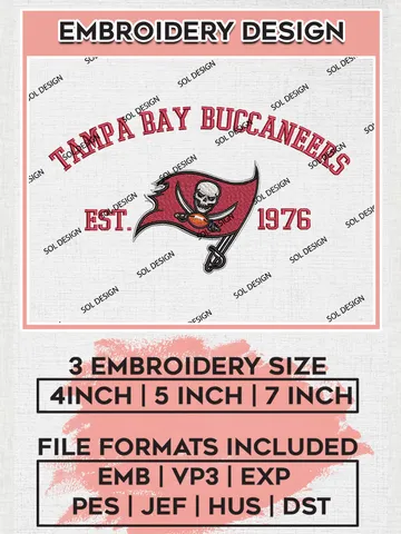 Tampa Bay Buccaneers Est 1976 Embroidery Designs, NFL Buccaneers, NFL Embroidery Designs, NFL Tampa Bay Buccaneers Machine Embroidery Design, Digital Download $6.99