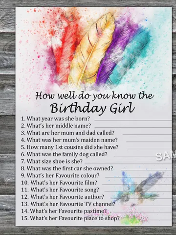 Tribal Feather How well do you know the birthday girl,Adult Birthday party game-fun games for her-Instant download