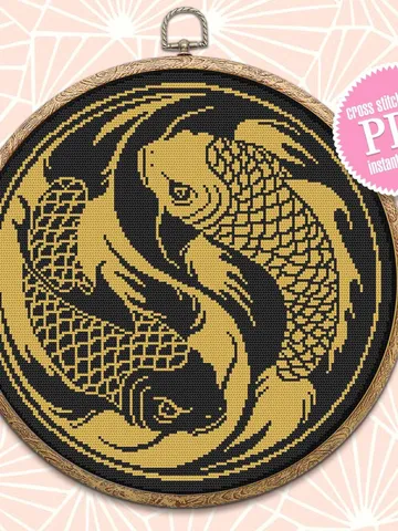 Koi fish Yin Yang cross stitch pattern download PDF, Mandala fish cross stitch chart, Yin and yang embroidery PDF, Japanese koi stitch #M183 $4.60