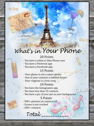 Paris themed What's in Your Phone Birthday Party Game,Adult Birthday party game-fun games for her-Instant download