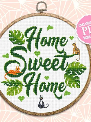 Home sweet home cross stitch pattern download PDF Cute cat cross stitch Monstera leaf xstitch chart Modern home decor Plant lover gift #Q23 $4.50