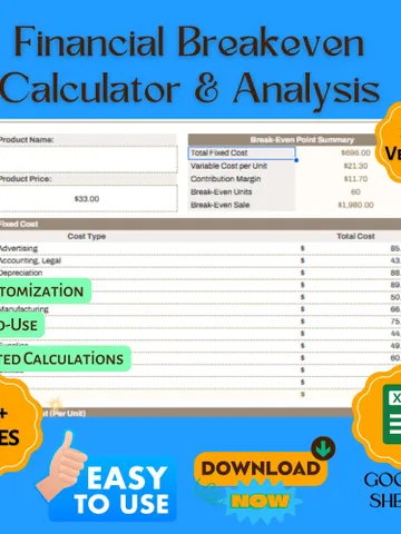 Financial Breakeven Calculator & Analysis Template, Google Sheets, Digital Download for Business Profit Planning $5.46