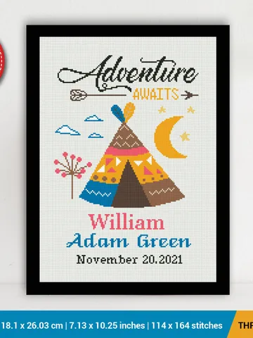 Birth announcement Adventure awaits Camping cross stitch pattern, baby, personalized boy girl nursery decor gift DIY embroidery, instant PDF $6.80