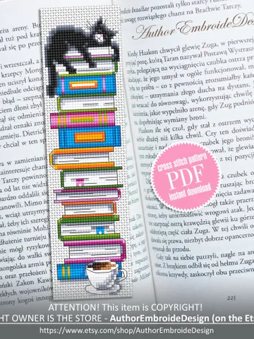 Funny bookmark cross stitch pattern PDF download Black cat cross stitch chart, Handmade bookmark pattern digital PDF, Book accessories #B335 $4.40