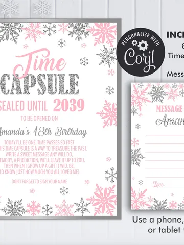 Winter Onederland Time Capsule and Matching Note Card Pink Silver Winter Onederland 1st Birthday Girl Decorations, Editable Template $7.00