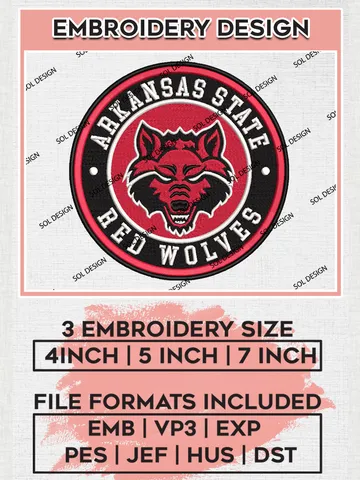 NCAA Arkansas State Red Wolves Round Logo Embroidery, NCAA Arkansas State Logo Embroidery files, NCAA Teams, Machine embroidery designs, Digital Download $6.99